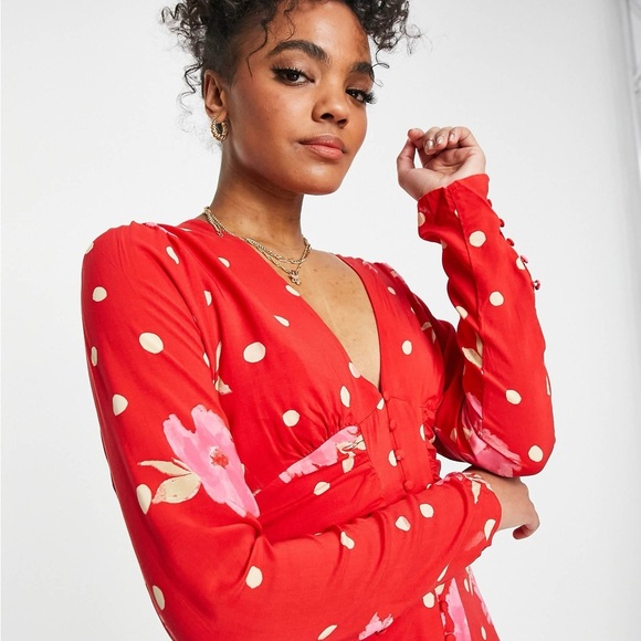 Free People Red Floral Long Sleeve Dress - Picture 6 of 7